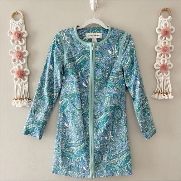 Doncaster Cotton Dress Spring Summer Blue Green Full Zip Paisley Print $425 - Picture 2 of 10